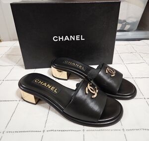 CHANEL Black Mules with Gold Heel Detail Sz 38 C